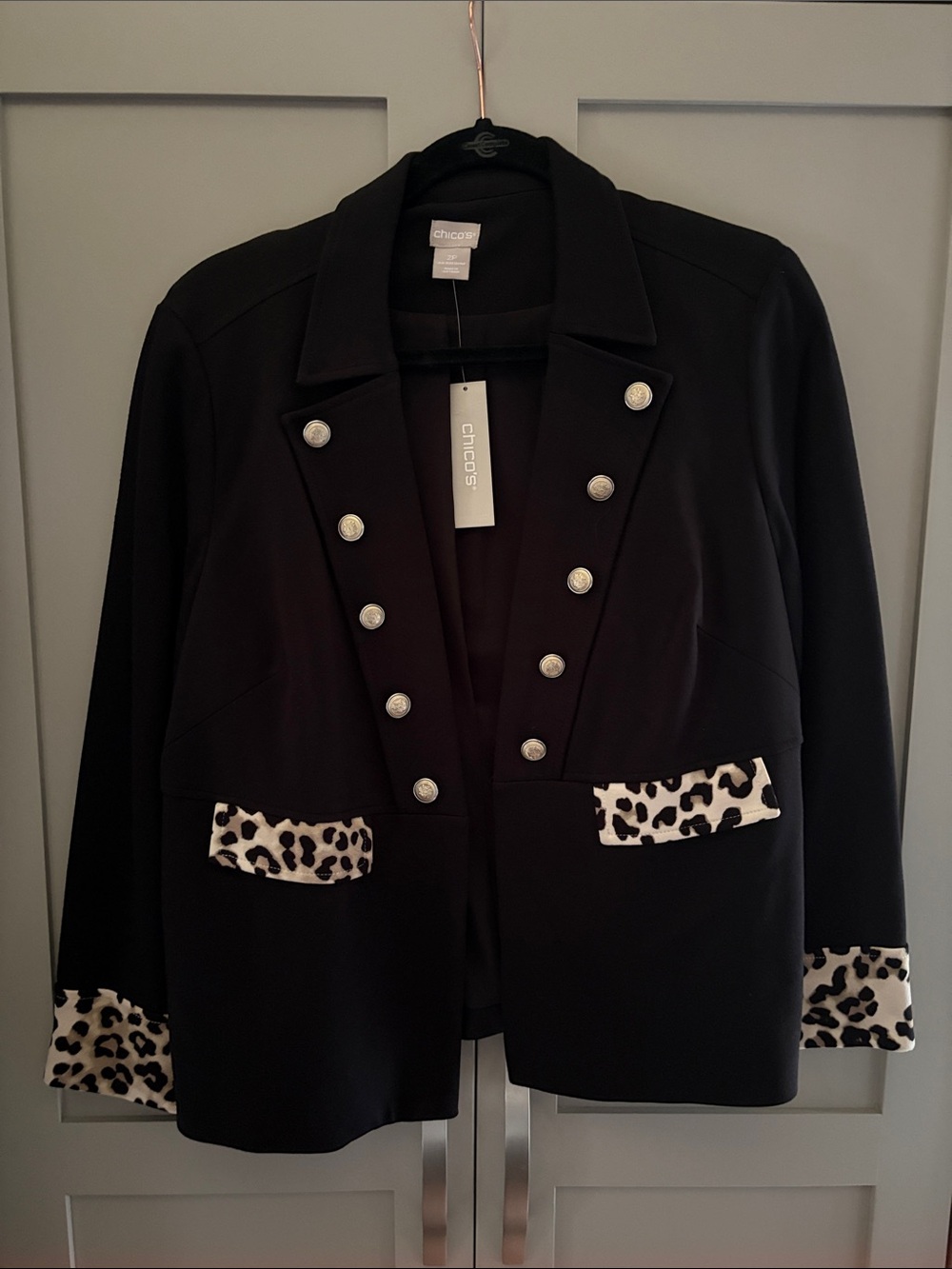 Chico's Black Military-Inspired Jacket with Leopard Trim